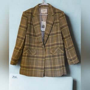 NWT Papaya Women's Sophisticated Stylish Vintage Checkered Pattern Tan Blazer LG